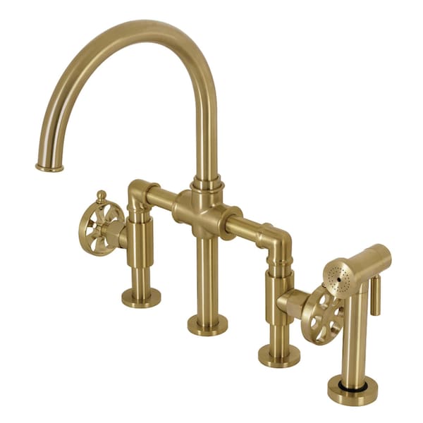 Kingston Brass KS2337RX Industrial Style Bridge Kitchen Faucet with Brass Sprayer, Brushed Brass KS2337RX - main